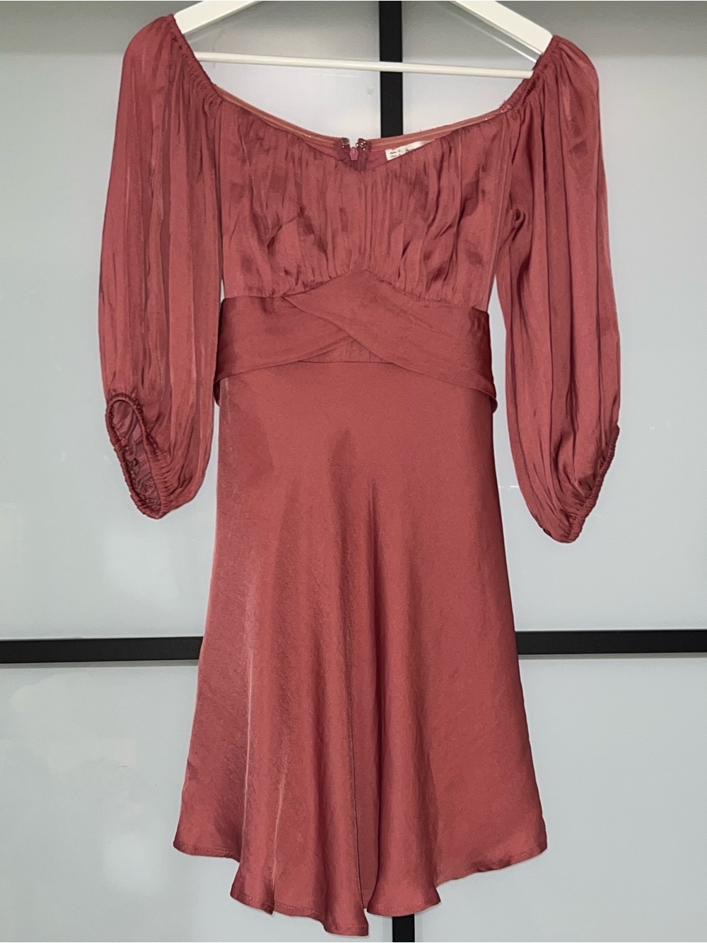 Here Comes The Sun Off Shoulder Dusty Rose Satin Tie Waist Puff Sleeve Dress S